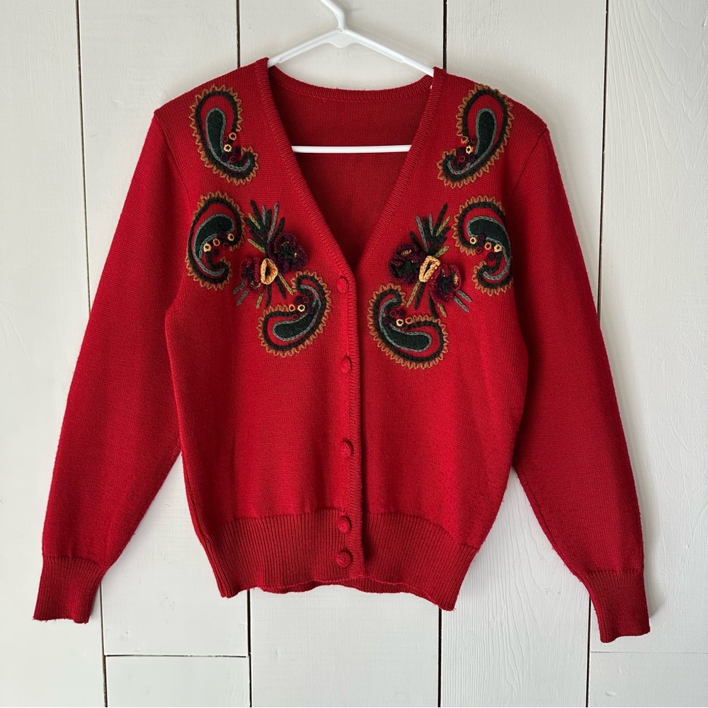 VTG Susan Bristol Paisley 3D Cardigan Sweater Sz S Red Wool Blend
